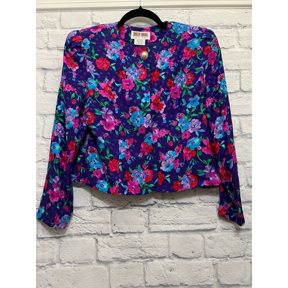 VTG Maggy London Petites Silk Jacket Purple Floral Size 8 Blazer Blouse Baroque